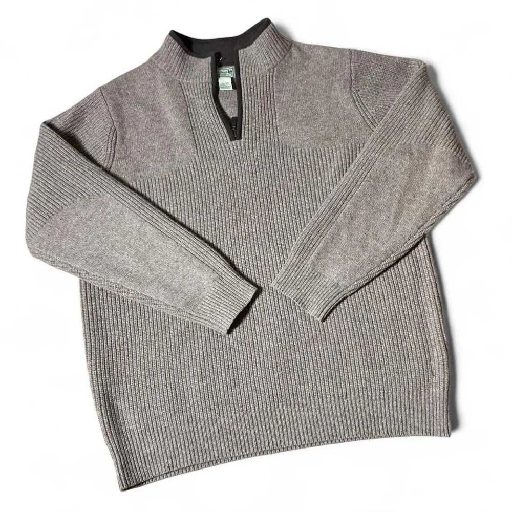 LL Bean Mens 100% Merino Lambswool Quarter Zip Sweater Taupe Brown L Tall 237814